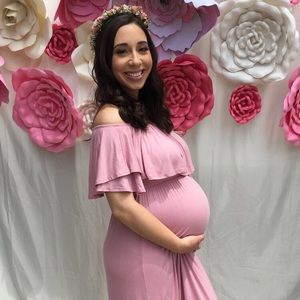 Light pink off the shoulder maternity maxi dress